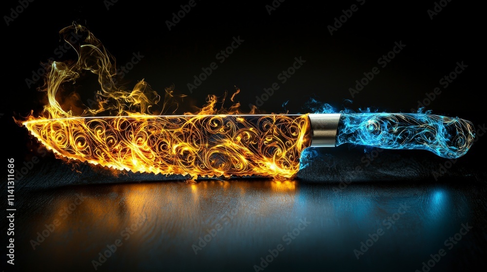 Poster Luminous butter knife carving intricate patterns in dark environment artistic photography close-up view