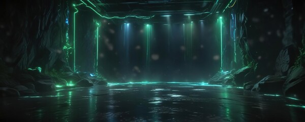 Glowing green and blue lights flowing through a dark space, futuristic atmosphere, blue light, ambient lighting