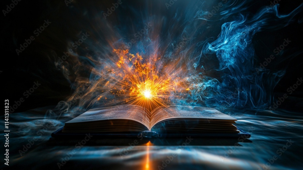 Poster Radiant light emanating from an open book dark studio fantasy art ethereal environment dynamic perspective