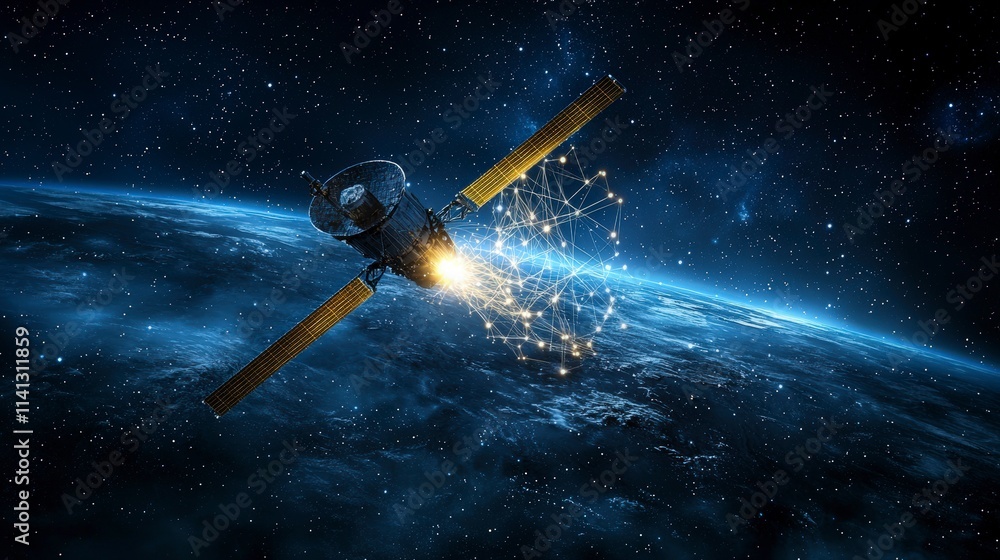 Poster Satellite in space projecting glowing threads tying earth and cosmos digital art outer space futuristic view