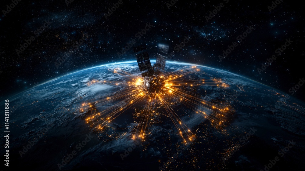Aufkleber satellite's glowing beams forming a web of intertwine over earth space digital art cosmic environmen