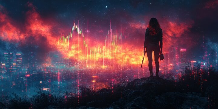 Businesswoman with Telescope on Rocky Peak Overlooking City Skyline with Financial Graphs July 2025