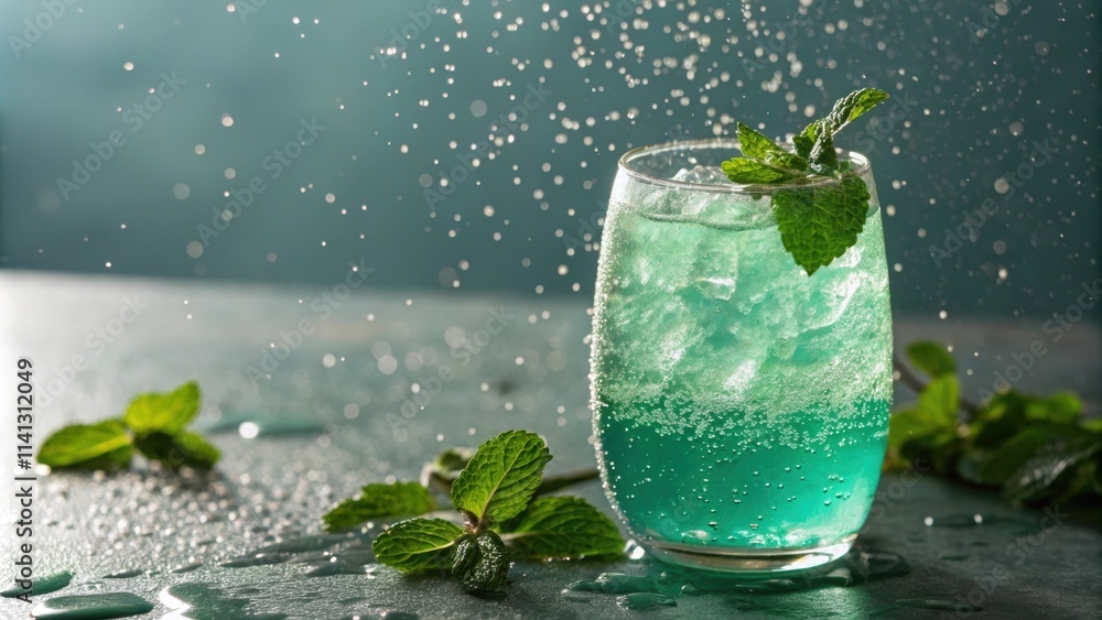 Poster a macro image of a delicately frosted glass b with a vivid minty green drink. the surface of the liq