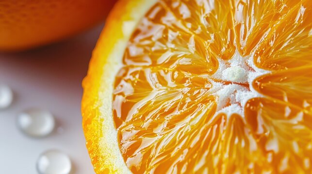 A stunning peeled orange segment with subtle water droplets isolated on a white background, showing its natural juicy texture, bright orange color, and soft white fibers. The clean layout enhances 
