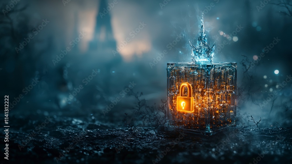 Aufkleber Surreal glowing lock container mysterious environment digital art fantasy landscape intriguing concept