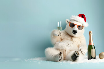 White bear wears sunglasses and Christmas hat. Hold a glass and a bottle Champagne party and Christmas on light blue background