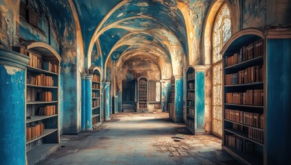 Fototapeta premium Abandoned Library with Blue Walls and Bookshelves
