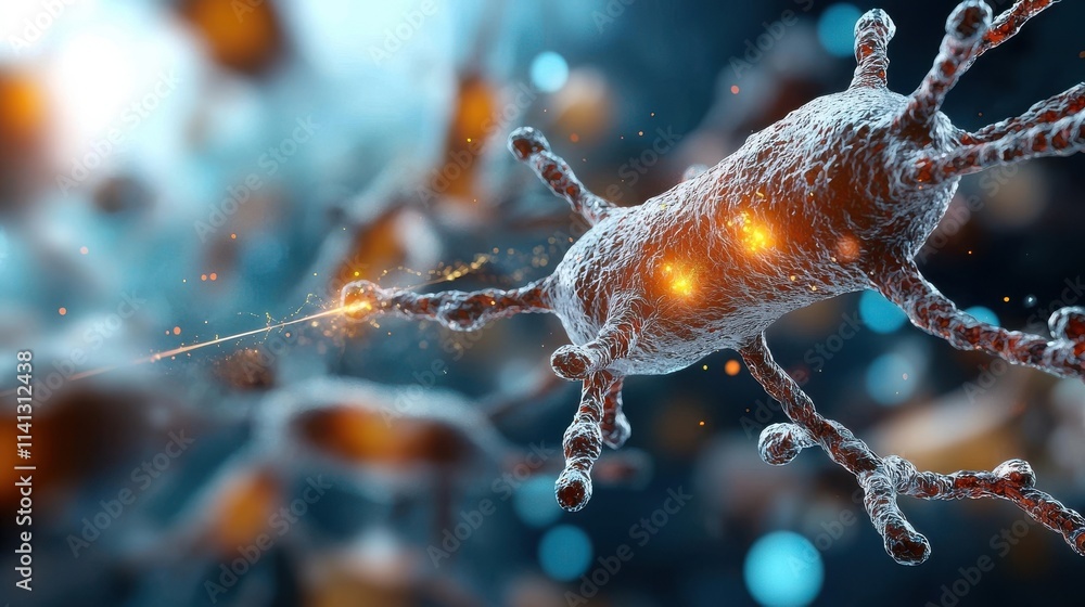 Poster glowing neural network of microscopic nerve cells with interconnected synapses in vibrant blue and o