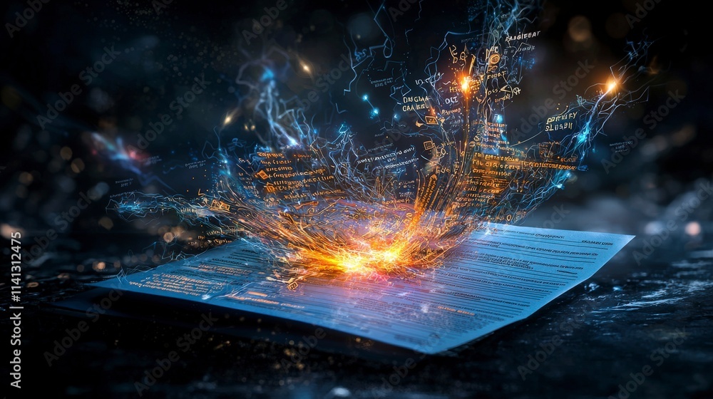 Aufkleber Glowing report sheet ignites digital data explosion virtual environment surreal viewpoint conceptual imagery