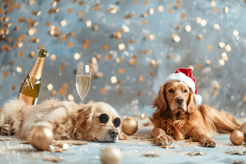 Two cute Golden retrievers together at home. Celebrating New year.