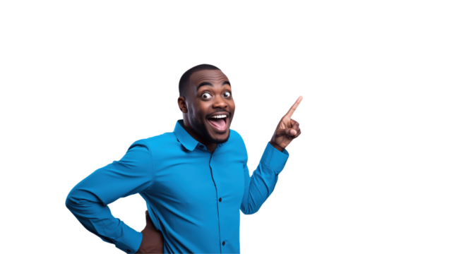 An excited happy Black man wearing a blue shirt on transparent background - Powered by Adobe