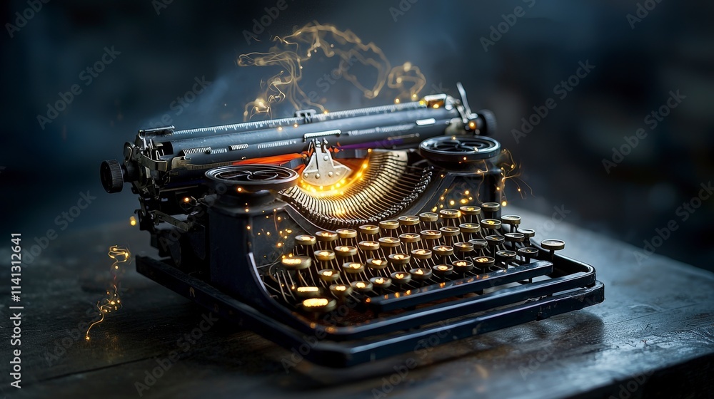 Aufkleber illuminated typewriter transforms ideas creative studio surreal art dark atmosphere close-up inspira