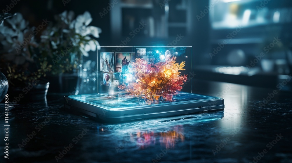 Aufkleber surreal holographic scanner projecting digital memories modern studio futuristic art intimate settin