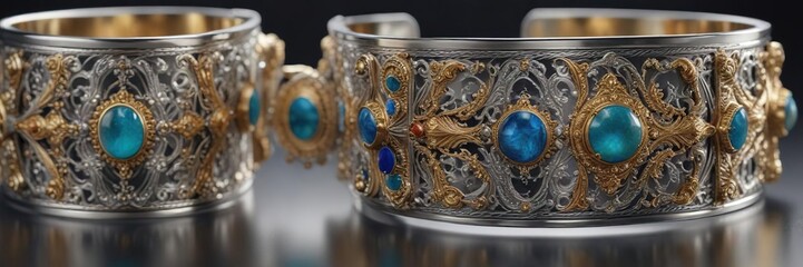 Intricately crafted silver cuffs featuring delicate gold accents and enameled gemstones , vintage, intricate, elegant