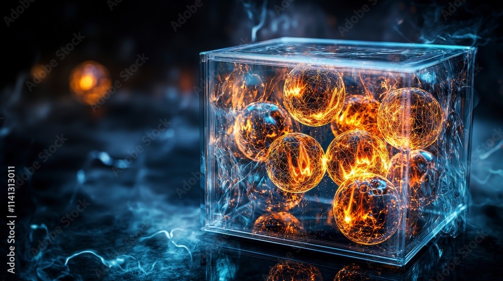 Fototapete Glowing orbs in a transparent box digital art futuristic setting close-up view conceptual visualization