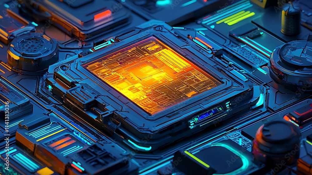Poster futuristic glowing central processing unit (cpu) on a complex circuit board.