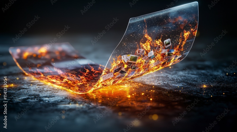 Poster peeling transparent sticker revealing glowing elements digital art abstract environment close-up vie