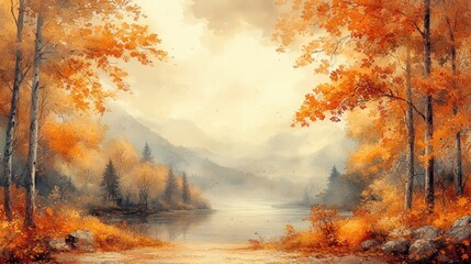 Autumn Leaves Watercolor Illustration Serene Landscape Golden Hues Tranquil Forest Scene