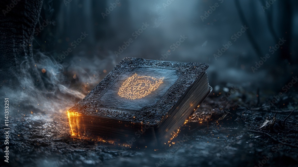 Poster mystical elephant-branded file glowing faintly amidst dark forest fantasy scene enigmatic concept