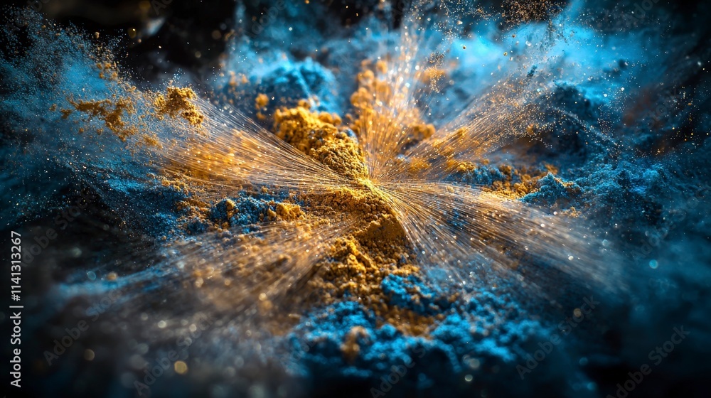 Poster explosive color burst abstract art fine grains of powder dynamic environment close-up radiant light 