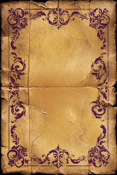 Vieux papier style parchemin avec un cadre d'ornements aux couleurs pourpres dans un style victorien.