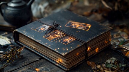 Old photo album revived with transparent stickers vintage setting artistic display capturing memories