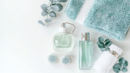 A stylish flat lay of luxury skincare products, including minimalist glass bottles, a facial roller, soft towels, and decorative eucalyptus leaves, isolated on a clean white background for a 