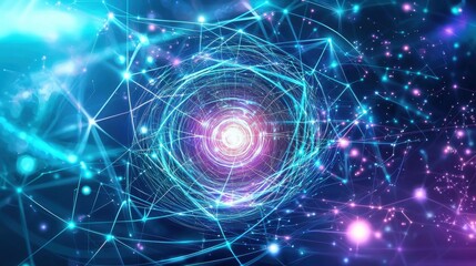 Obraz premium A vibrant holographic vortex background featuring a glowing central spiral surrounded by pulsing neon lines and light particles. The gradient backdrop blends electric blue and purple, creating 
