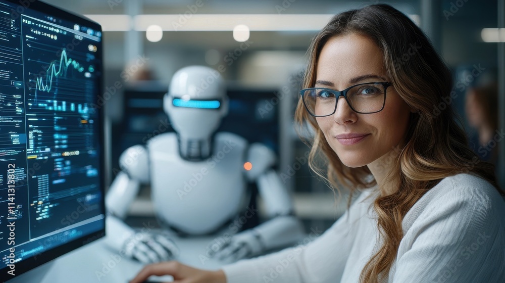 Poster smiling female professional in casual clothing examining data and analytics on computer screen in a 