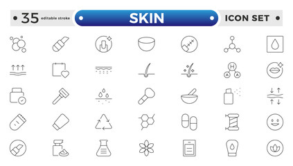 Skin care Outline icons set. Moisture cream, acid, anti wrinkle serum, ceramide, collagen, retinol compound, sunscreen vector illustration. Editable stroke outline icon.
