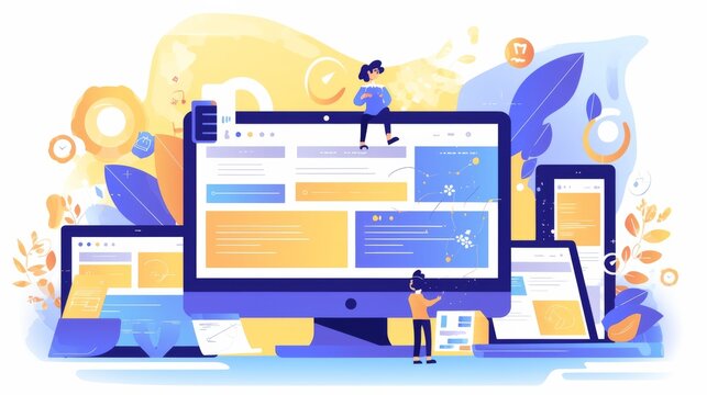 Responsive web design showcased on computer, laptop, tablet, and smartphone, illustrating seamless adaptability across devices with a flat vector style.