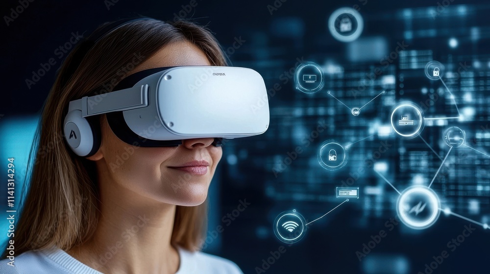 Poster woman wearing futuristic virtual reality headset surrounded by digital graphics and data visualizati