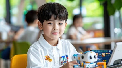 Cheerful Asian Elementary School Student Sitting at Desk and Using Laptop Computer in Modern Classroom Interior  Education and Learning Technology Concept