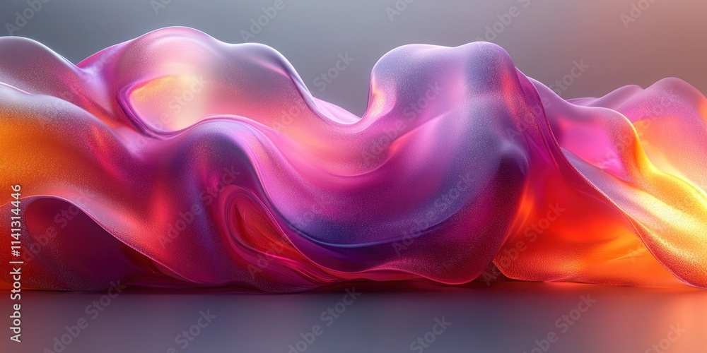 Poster Iridescent Fluid Abstract Sculpture 3D Render with Wavy Shapes in Minimalist Design