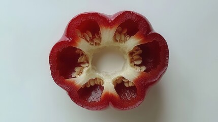 A vibrant, realistic red bell pepper slice isolated on a white background, showcasing its glossy surface, crisp texture, and hollow interior with seeds removed. The clean layout emphasizes freshness, 