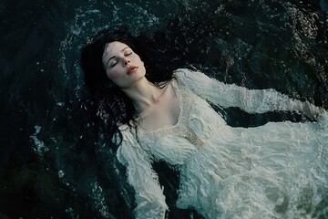 Woman in White Dress Submerged in Dark Water
