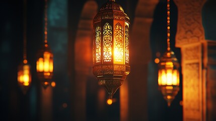 Illuminated Moroccan Lanterns Hanging in Mosque