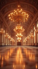 Obraz premium Ornate golden hall with chandeliers and polished floor.