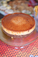  Caramel custard pudding on a plate on table 