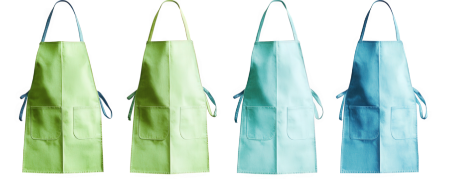 four aprons with pockets in different shades of green and blue hanging on a transparent background