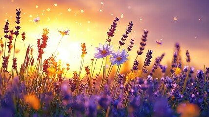 Lavender flowers blooming under a vibrant purple sunset in a serene field landscape photography