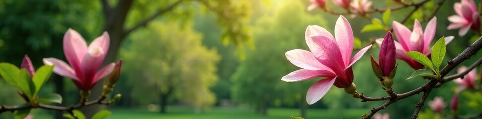 Fototapeta premium Pink magnolia flowers blooming in a lush green garden, flowers, lush