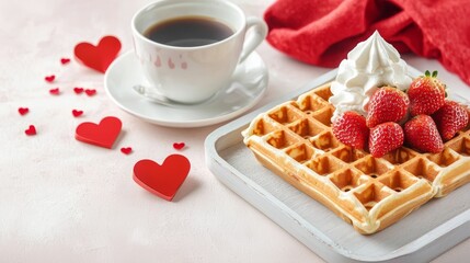 valentine food romantic flavors concept, A delicious waffle topped with strawberries and whipped cream, accompanied by a cup of coffee and decorative heart shapes, creating a cozy atmosphere.