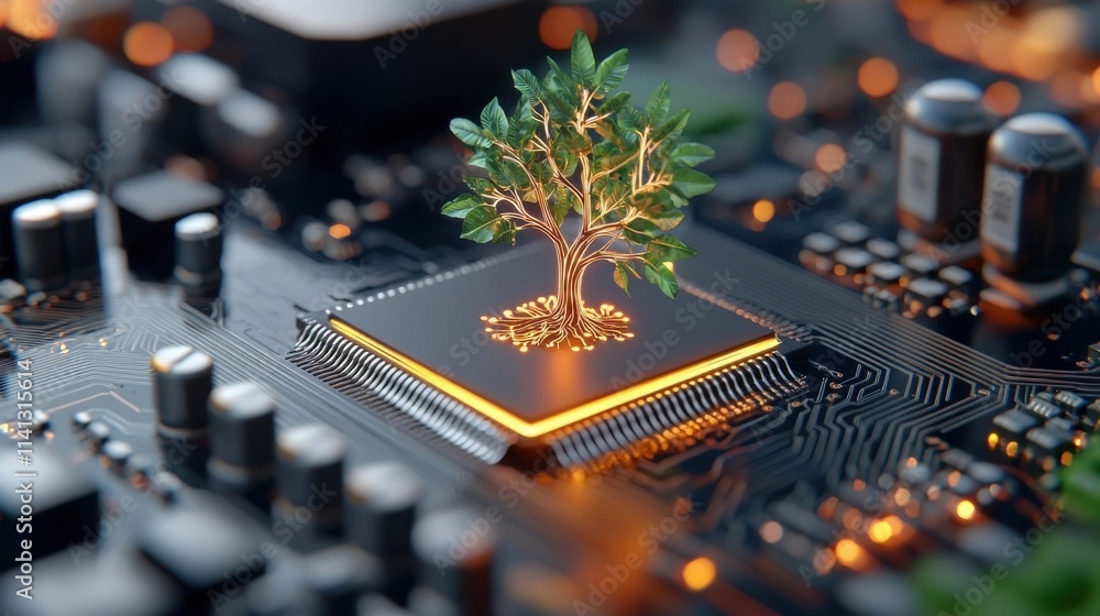 Poster futuristic microchip circuit board with an organic tree like growth pattern emerging from the electr
