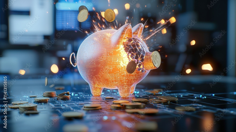 Poster an exploding piggy bank with cyber-themed effects and coins.