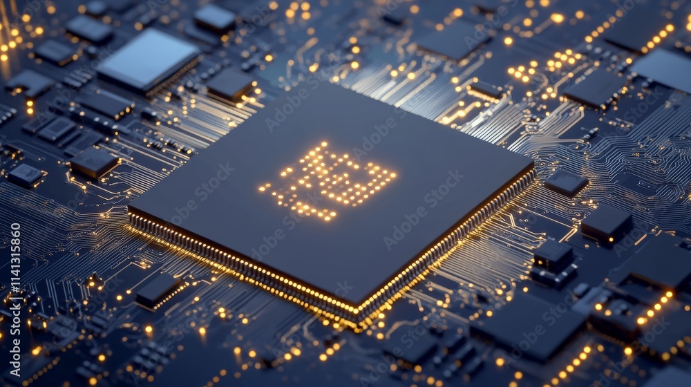 Poster glowing computer chip representing energy and efficiency