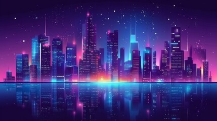 Naklejka premium Vibrant City Skyline at Night with Bright Reflections