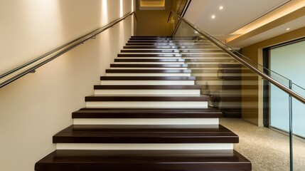 Luxurious villa entrance featuring a floating staircase and soft lighting enhancing the space.