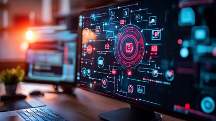 Fototapeta premium Creative Communication Through Floating Icons in Workspace