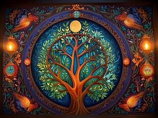 Vibrant Mural of Faith: Intertwined Religious Symbols, Doves, Olive Branches, and a Glowing Earth Celebrating Global Harmony